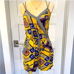 Xhilaration Yellow Tribal Print Drawstring Onesie Romper Medium Aztec  Linen MED